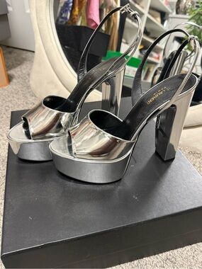 Yves Saint Laurent Metallic Silver Platform Slingback Heels